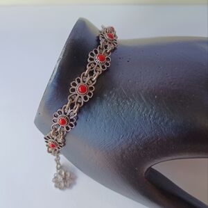 VINTAGE SILVERTONE 12 FILIGREE FLORAL LINKS RED CORAL CABACHON ACCENTS BRACELET